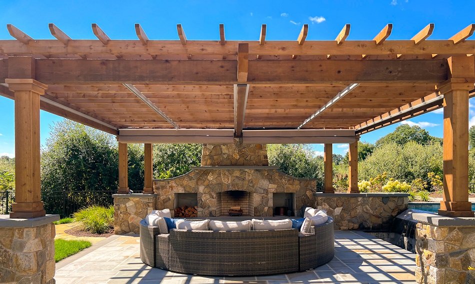 Beautiful-Outdoor-Area-with-Fireplace-and-Pergola-Farmside-Landscape-Design