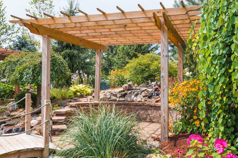 Landscape architecture with pergola and water features for summer garden