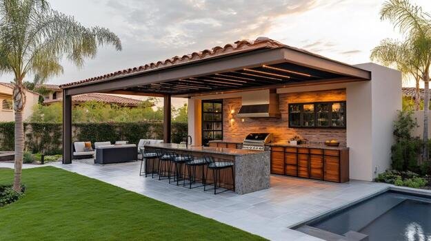 modern-outdoor-kitchen-and-patio-with-pool-at-sunset-photo